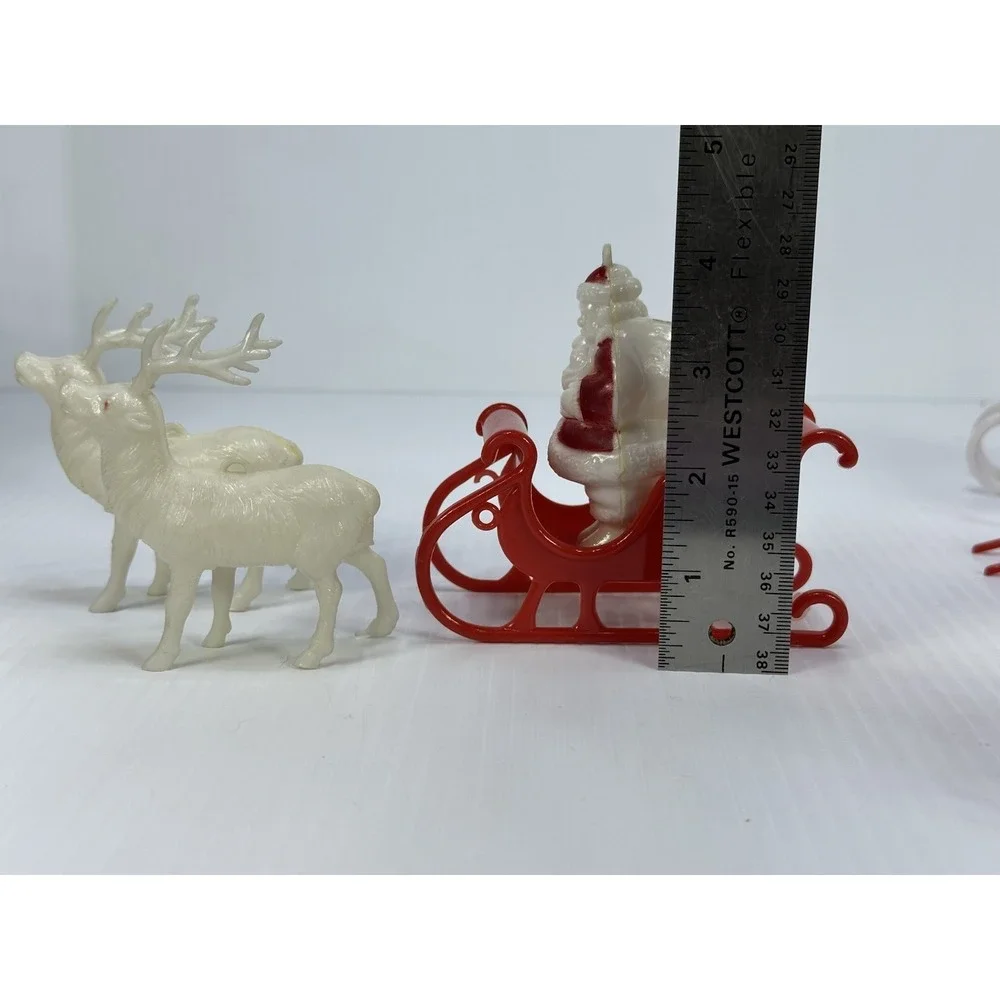 Vintage Plastic Standing Santa Claus Sleigh Pulled by Two White Reindeer